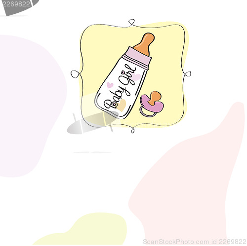 Image of new baby girl announcement card with milk bottle and pacifier
