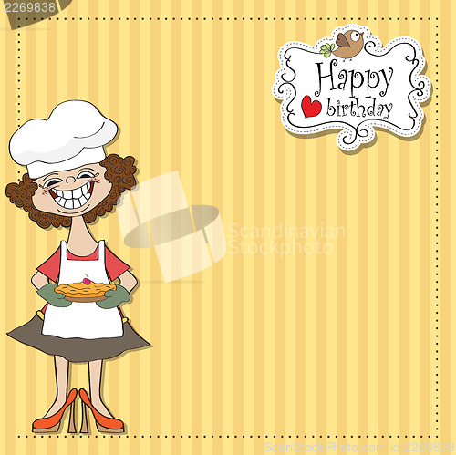 Image of birthday greeting card with funny woman and pie