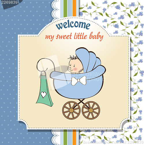 Image of baby boy announcement card with baby and pram