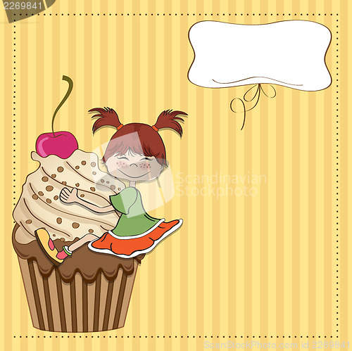 Image of birthday card with funny girl perched on cupcake