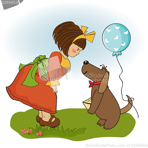 Image of young girl and her dog in a wonderful birthday greeting card