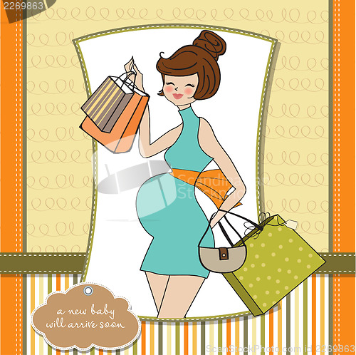 Image of baby announcement card with beautiful pregnant woman on shopping