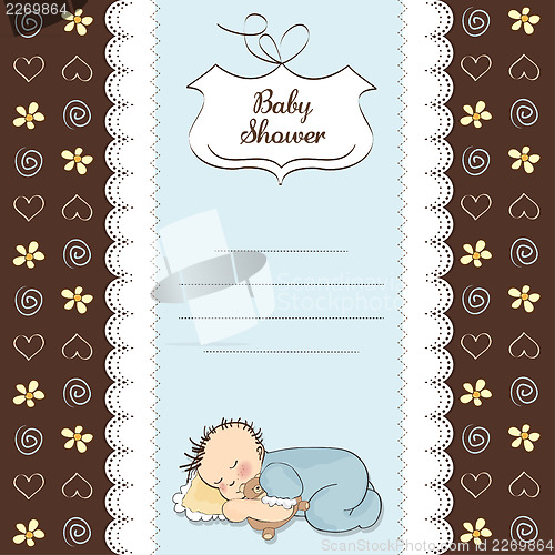 Image of baby shower card with little baby boy sleep with his teddy bear 