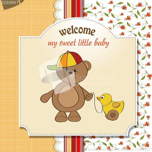 Image of welcome baby card with boy teddy bear and his duck