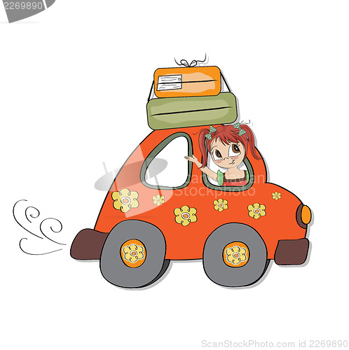 Image of happy woman going on holiday by car