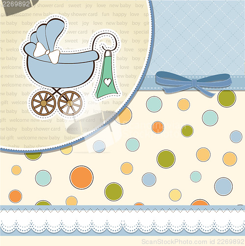 Image of baby boy announcement card with baby and pram