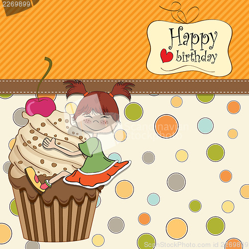 Image of birthday card with funny girl perched on cupcake
