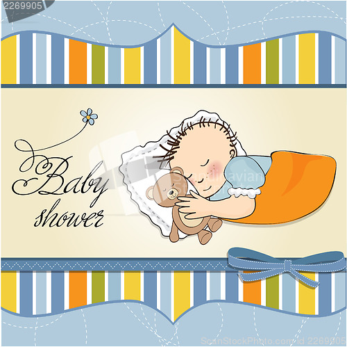 Image of baby shower card with little baby boy sleep with his teddy bear 