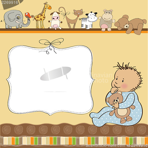 Image of new baby boy announcement card with baby and his toy