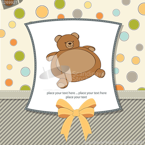 Image of baby shower card with teddy bear toy