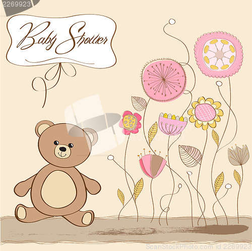 Image of romantic baby girl announcement card with teddy bear
