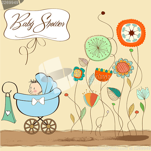 Image of baby boy announcement card with baby and pram