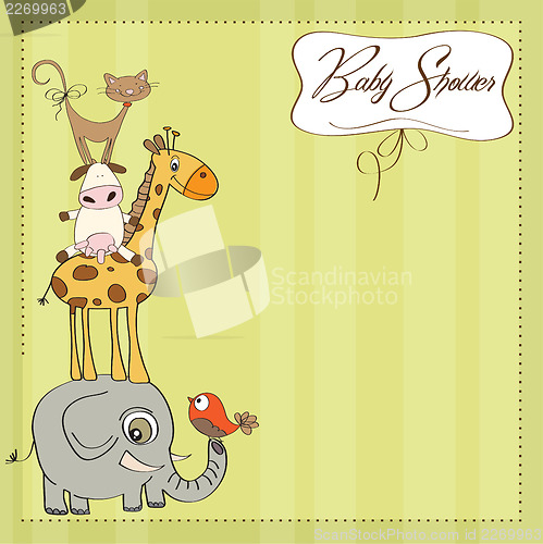 Image of baby shower card with funny pyramid of animals