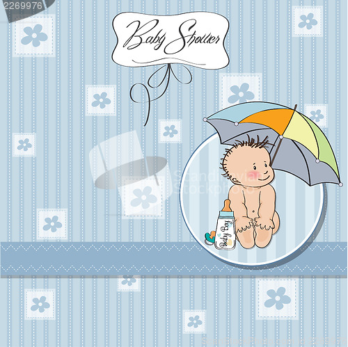 Image of baby boy shower card with funny baby under his umbrella