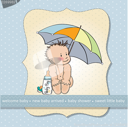 Image of baby boy shower card with funny baby under his umbrella