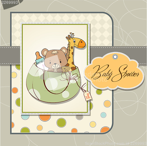 Image of new baby announcement card with bag and same toys