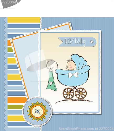 Image of baby boy announcement card with baby and pram