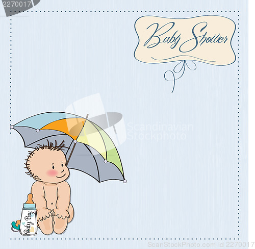 Image of baby boy shower card with funny baby under his umbrella