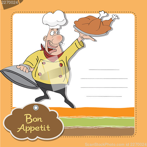 Image of funny cartoon chef with tray of food in hand