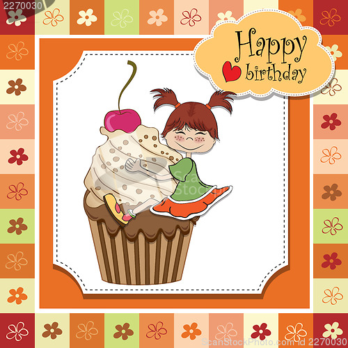 Image of birthday card with funny girl perched on cupcake
