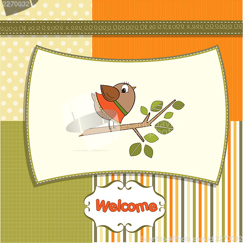 Image of welcome baby card with funny little bird