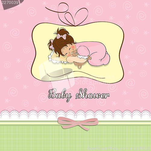 Image of baby shower card with little baby girl play with her teddy bear 
