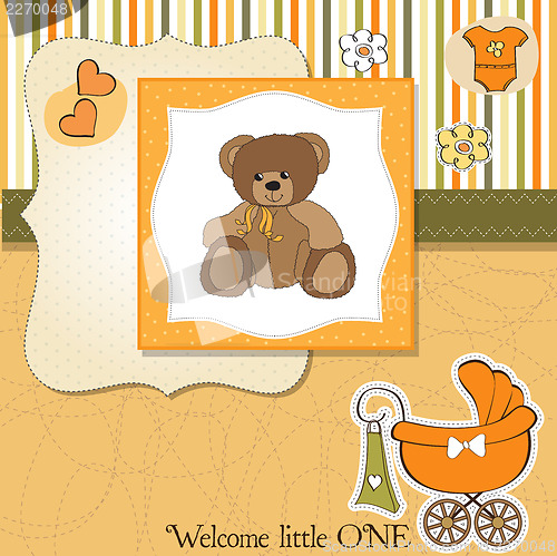Image of baby shower card with teddy bear toy