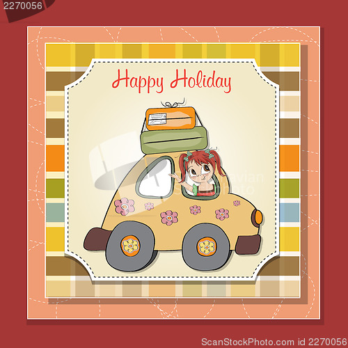 Image of happy woman going on holiday by car