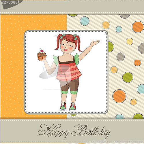 Image of birthday greeting card with girl and big cupcake