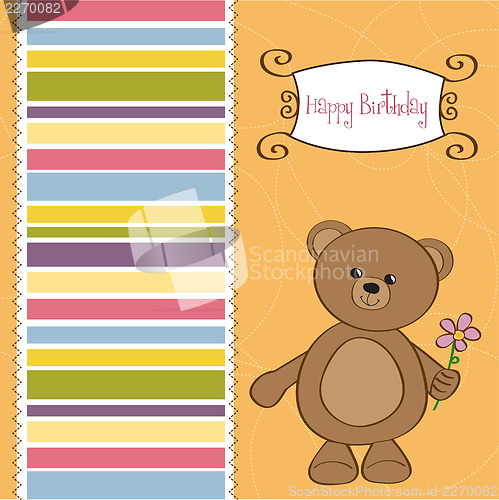 Image of happy birthday card with teddy bear and flower