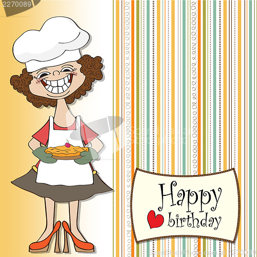Image of birthday greeting card with funny woman and pie