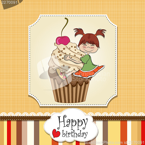 Image of birthday card with funny girl perched on cupcake