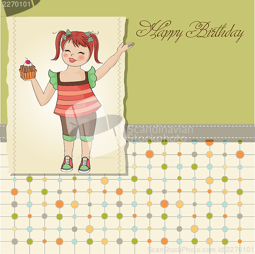 Image of birthday greeting card with girl and big cupcake