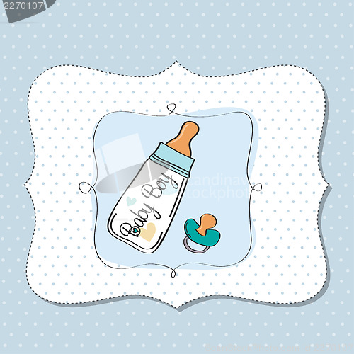 Image of baby announcement card with milk bottle and pacifier