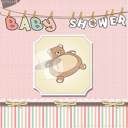 Image of romantic baby girl announcement card with teddy bear