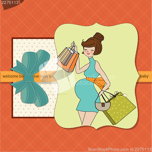 Image of baby announcement card with beautiful pregnant woman on shopping