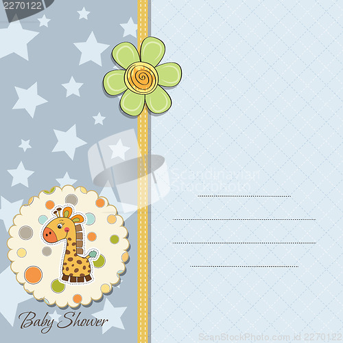 Image of new baby boy announcement card with giraffe
