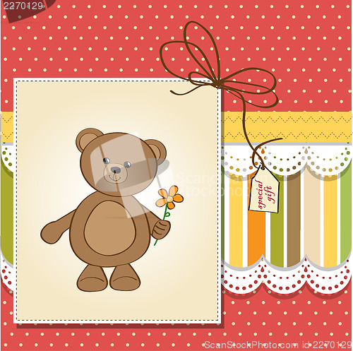 Image of happy birthday card with teddy bear and flower