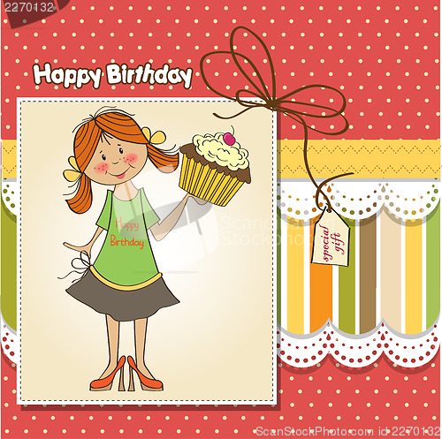Image of birthday greeting card with girl and big cupcake
