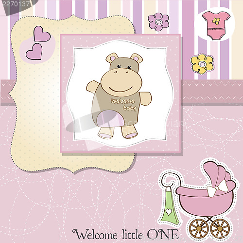 Image of childish baby girl announcement card with hippo toy