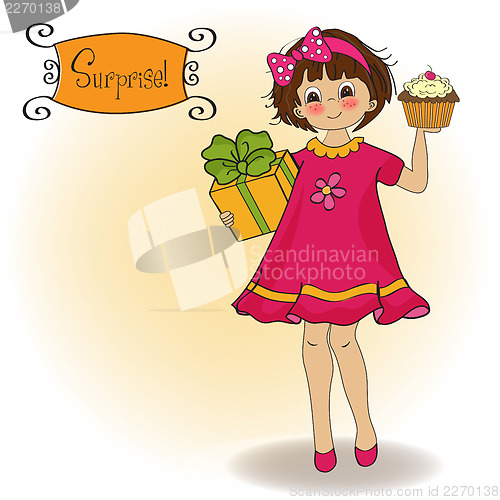 Image of birthday greeting card with girl and big cupcake
