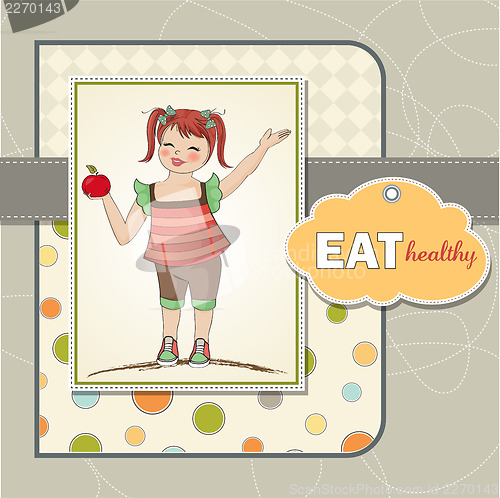 Image of pretty young girl recommends healthy food