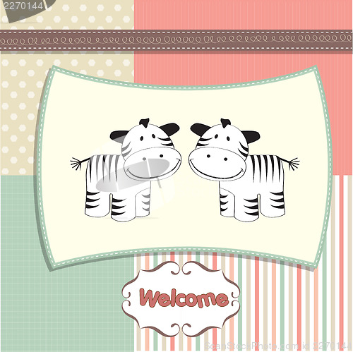 Image of new baby twins arrived card with zebra