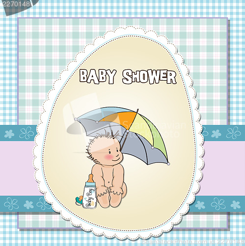 Image of baby boy shower card with funny baby under his umbrella