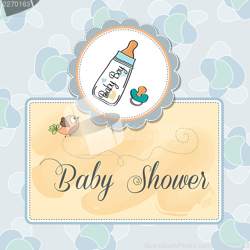 Image of baby announcement card with milk bottle and pacifier