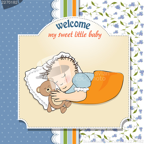 Image of baby shower card with little baby boy sleep with his teddy bear 