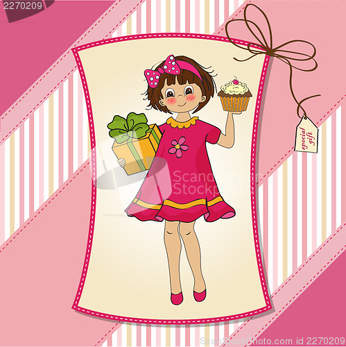 Image of birthday greeting card with girl and big cupcake