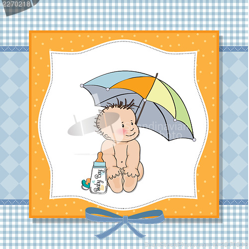 Image of baby boy shower card with funny baby under his umbrella