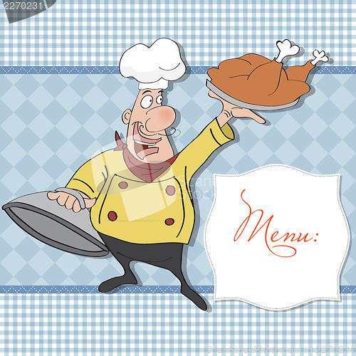 Image of funny cartoon chef with tray of food in hand