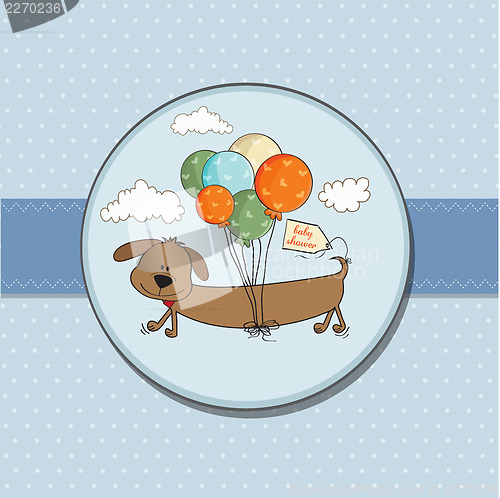 Image of baby shower card with long dog and balloons